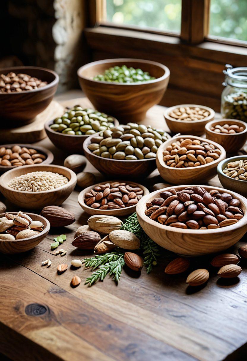 A rustic wooden table adorned with a variety of healthy nuts, including almonds, walnuts, and pistachios. In the background, a soft-focus artisan's workshop with tools and organic textures, highlighting the journey from artisan craftsmanship to organic nutrition. Sunlight streaming in, casting natural shadows, evoking a sense of warmth and healthfulness. earthy tones with a hint of green. super-realistic. vibrant colors.