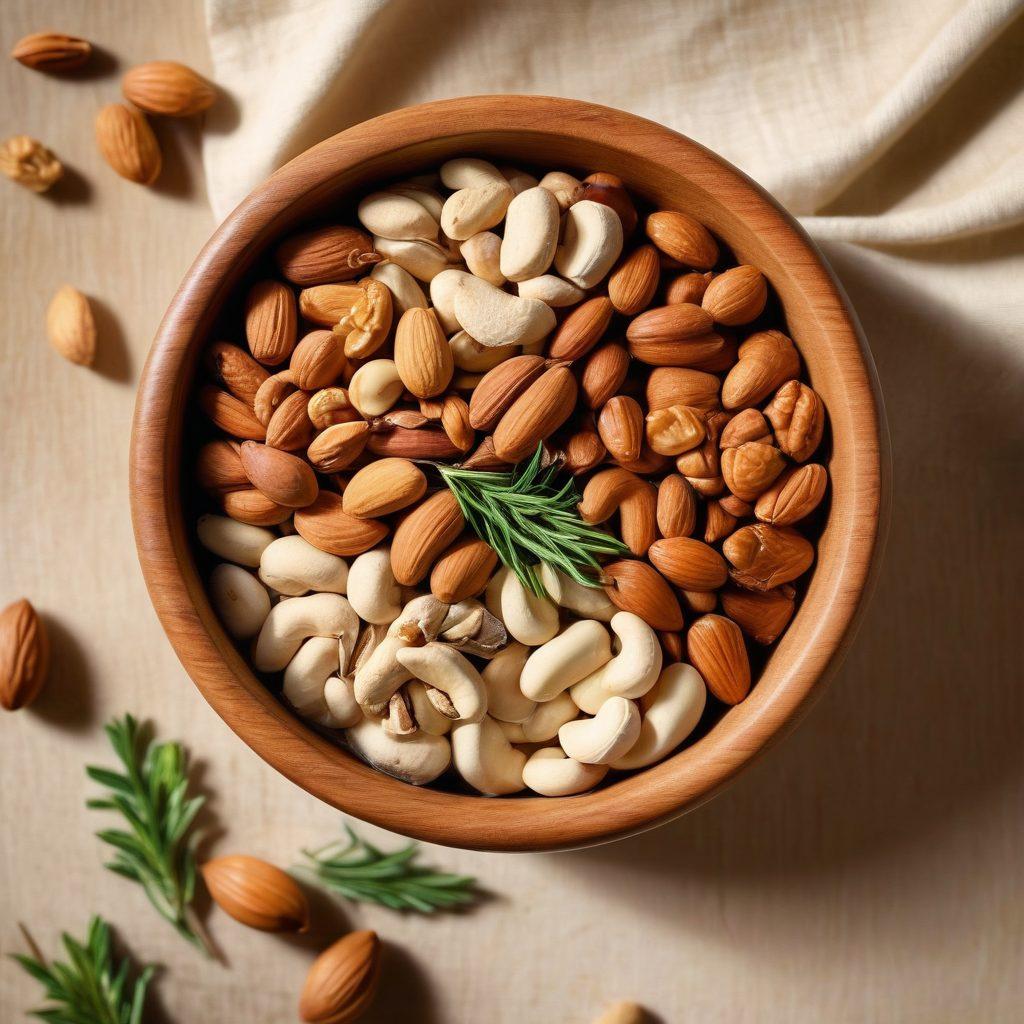 A vibrant display of assorted gourmet nuts, including almonds, walnuts, and cashews, artfully arranged in an elegant wooden bowl. Surrounding the bowl are fresh herbs and spices, hinting at their health benefits. A soft, natural light casts gentle shadows, emphasizing the textures of the nuts. The background features a blurred green landscape to evoke a sense of natural wellness. super-realistic. vibrant colors. soft focus.