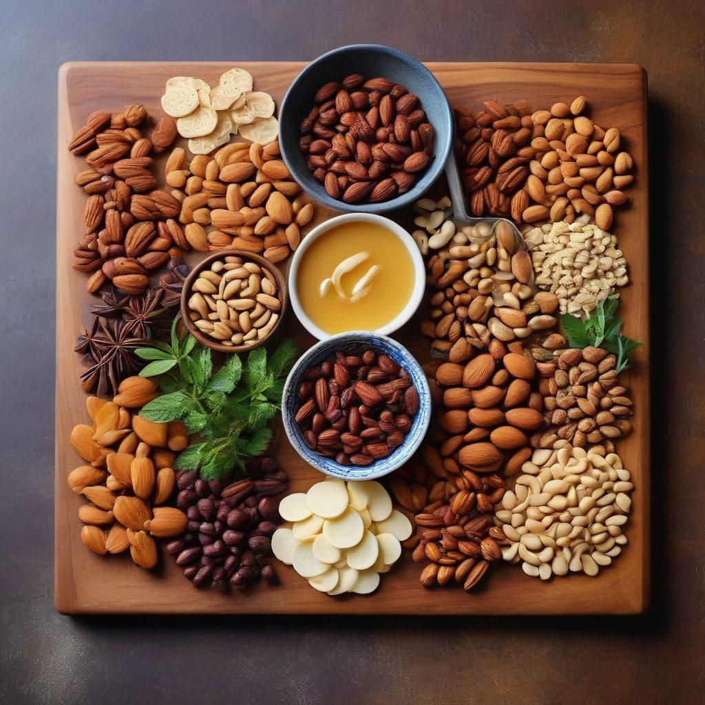A beautifully arranged cutting board overflowing with a variety of nut-based snacks, including roasted almonds, spiced cashews, and chocolate-covered walnuts. Add a sprinkle of colorful spices and fresh herbs for a vibrant touch. A rustic kitchen backdrop with warm lighting enhances the inviting atmosphere. Elements like a small bowl of honey and kitchen utensils complete the scene, showcasing the art of crafting delicious nut treats. vibrant colors. super-realistic. warm lighting.